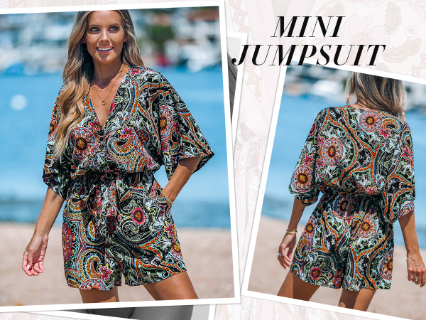 paisley printed v neck romper for women summer 2024