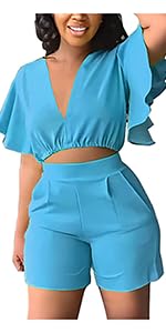 Deep V Neck Ruffled Sleeves Crop Top