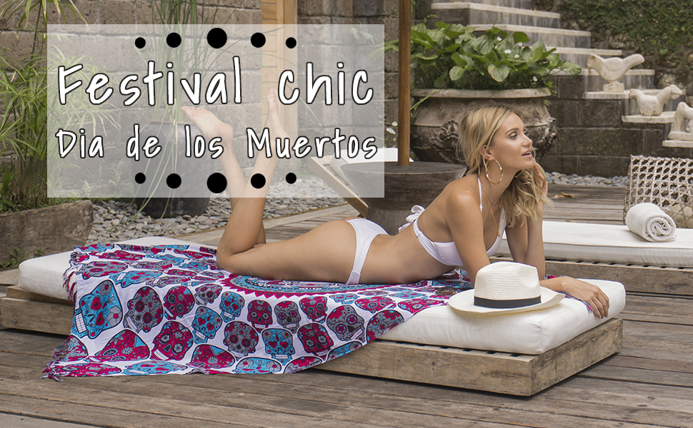 Woman lays on Sugar skull sarong text: Festival chic Dia de los Muertos (Spanish: Day of the Dead)