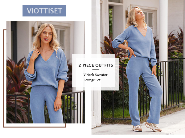 2 Piece Outfits Casual V Neck Knit Wide Leg Sweater Lounge Set Sweatsuit