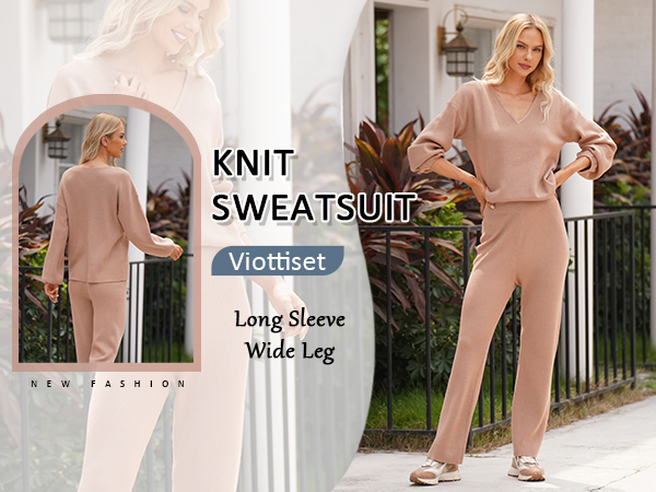 2 Piece Outfits Casual V Neck Knit Wide Leg Sweater Lounge Set Sweatsuit