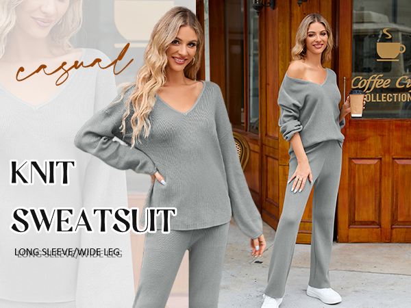 Womens 2 Piece Outfits Casual V Neck Knit Wide Leg Sweater Lounge Set Sweatsuit