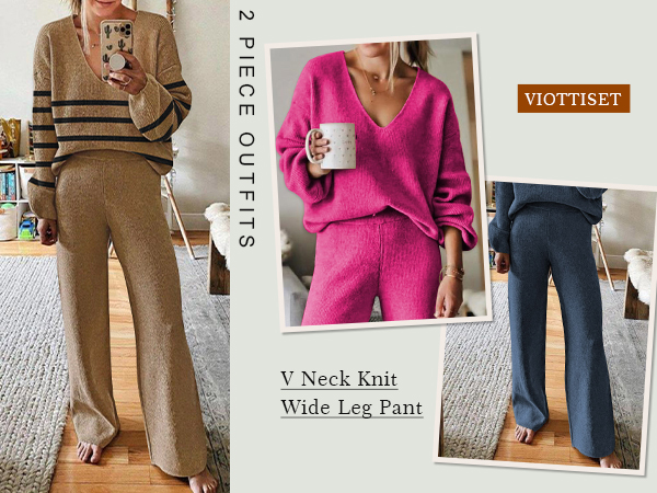 Womens 2 Piece Outfits Casual V Neck Knit Wide Leg Sweater Lounge Set Sweatsuit