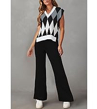 2 Piece Outfits Sweater Vest Lounge Set V Neck Sleevelsee Wide Leg Pants Sweatsuit