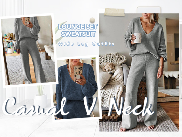 2 Piece Outfits Casual V Neck Knit Wide Leg Sweater Lounge Set Sweatsuit