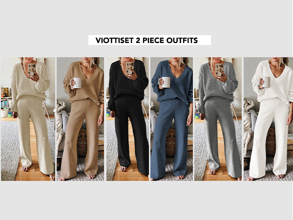 2 Piece Outfits Casual V Neck Knit Wide Leg Sweater Lounge Set Sweatsuit