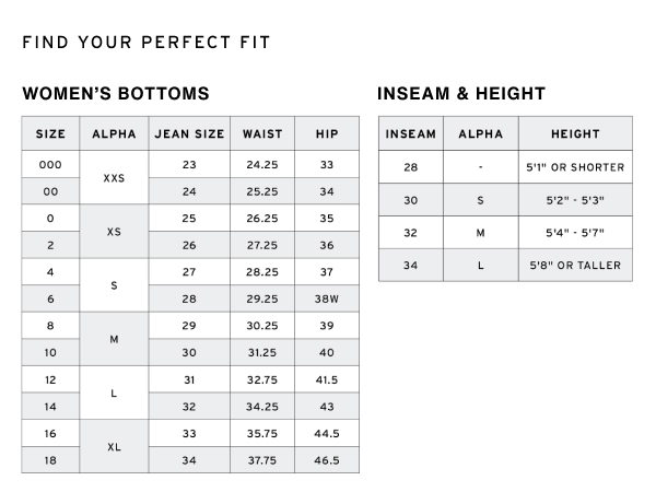 Women''s bottoms. Inseam & Height