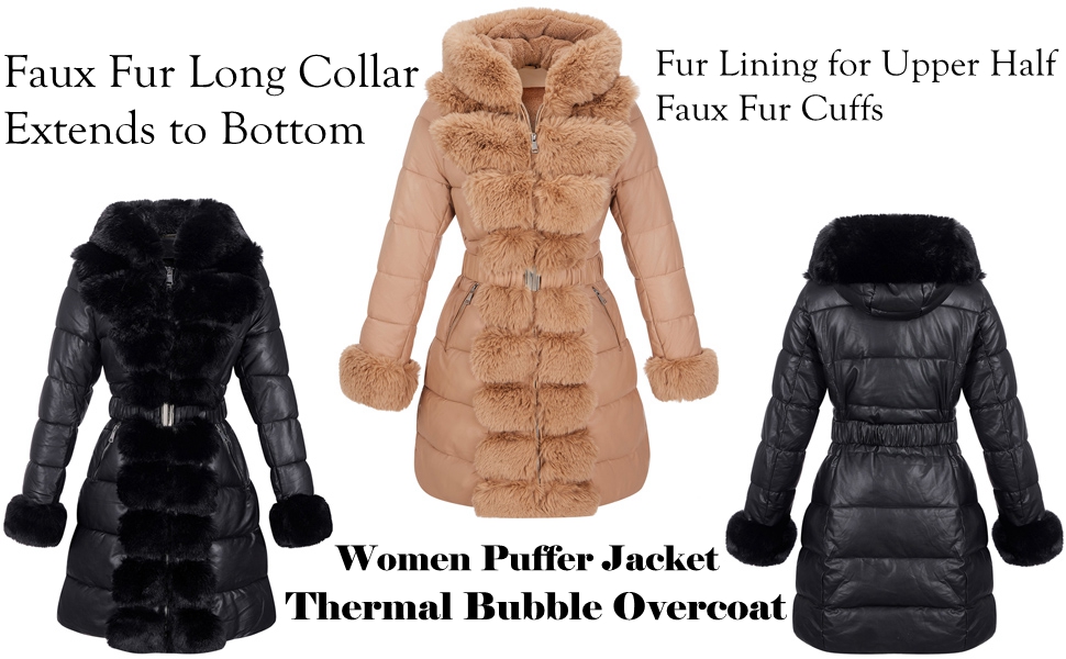 Puffer Jacket Women Faux Fur Coat Puffy Quilted Long Fuzzy Fleece Lined with Hooded Collar 1