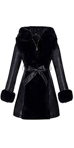 women winter faux leather long heavy overcoat fur lined jacket hooded collar