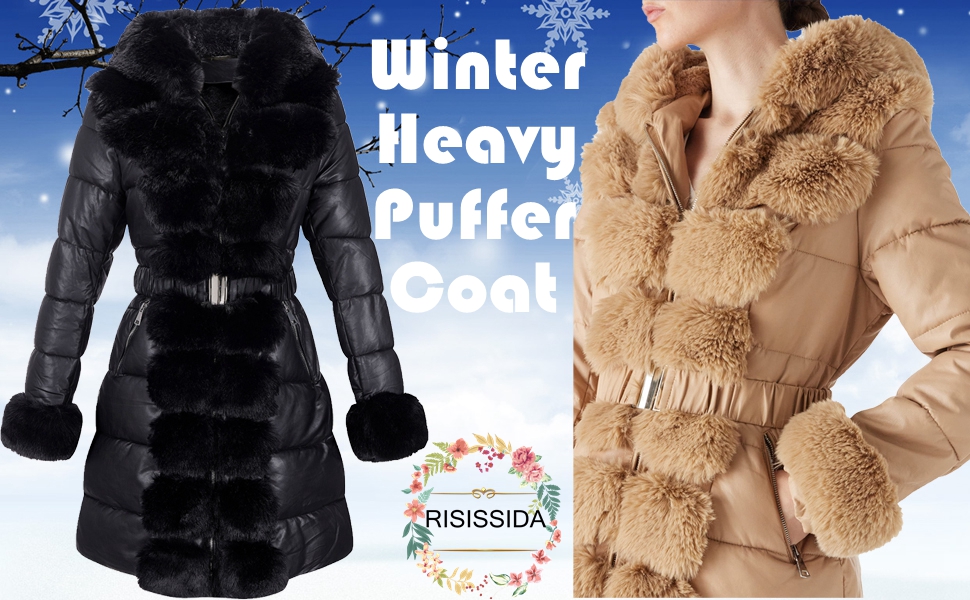 Puffer Jacket Women Faux Fur Coat Puffy Quilted Long Fuzzy Fleece Lined with Hooded Collar 4