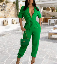 Green Casual Button Down Formal Dressy Jumpsuits