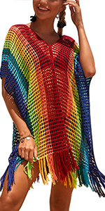 Women''s Rainbow Crochet Cover Up Short Sleeve V Neck Side Slit Swimsuit Cover Ups