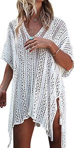 Women''s Short Sleeve V Neck Side Slit Loose Crochet Swimsuit Cover Up Dress