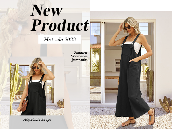 Women''s Loose Cotton Linen Overalls Sleeveless Adjustable Straps Wide Leg Jumpsuits with Pockets