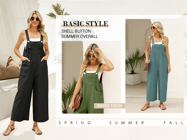 Women''s Loose Cotton Linen Overalls Sleeveless Adjustable Straps Wide Leg Jumpsuits with Pockets