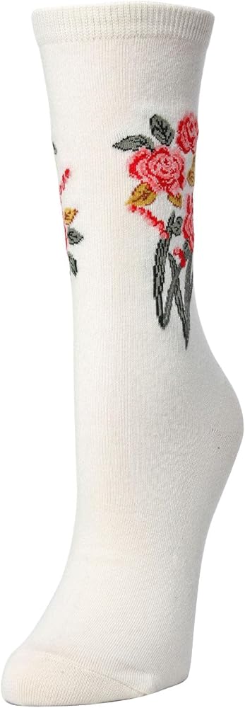 Natori Rose Garden Cotton Blend Women's Crew Socks White 9-11