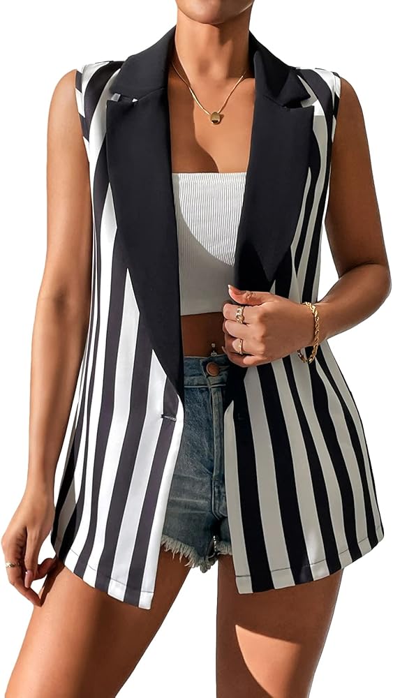 WDIRARA Women's Striped Print Lapel Neck Sleeveless Single Button Front Vest Blazer