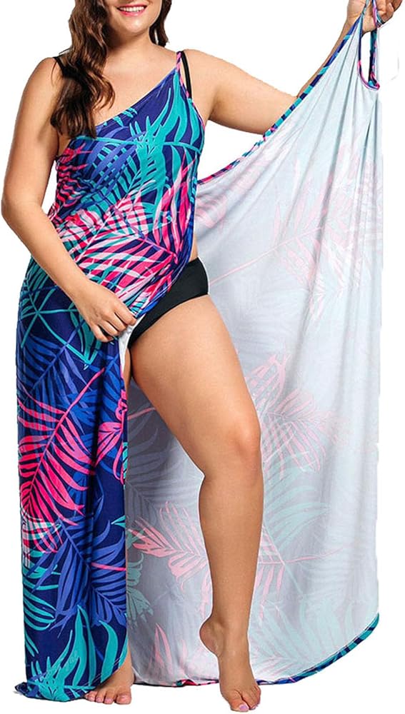 Rosegal Plus Size Womens Tropical Leaf Print Wrap Backless Maxi Dress Beach Swimwear Multiway Wears Cover Up