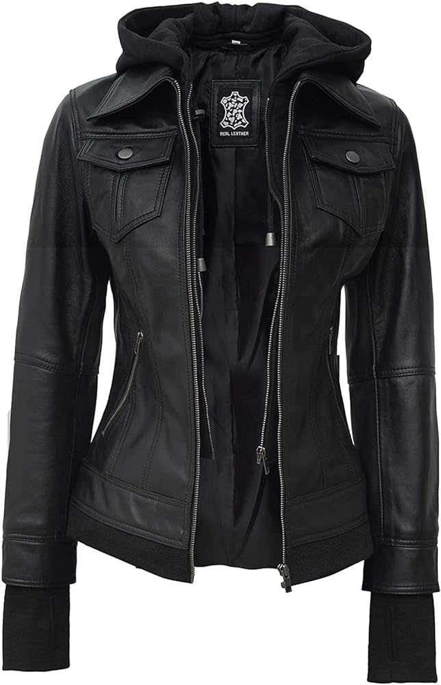 fjackets Leather Jackets For Women - Removable Hood & Bomber Real Lambskin Leather Jacket Womens