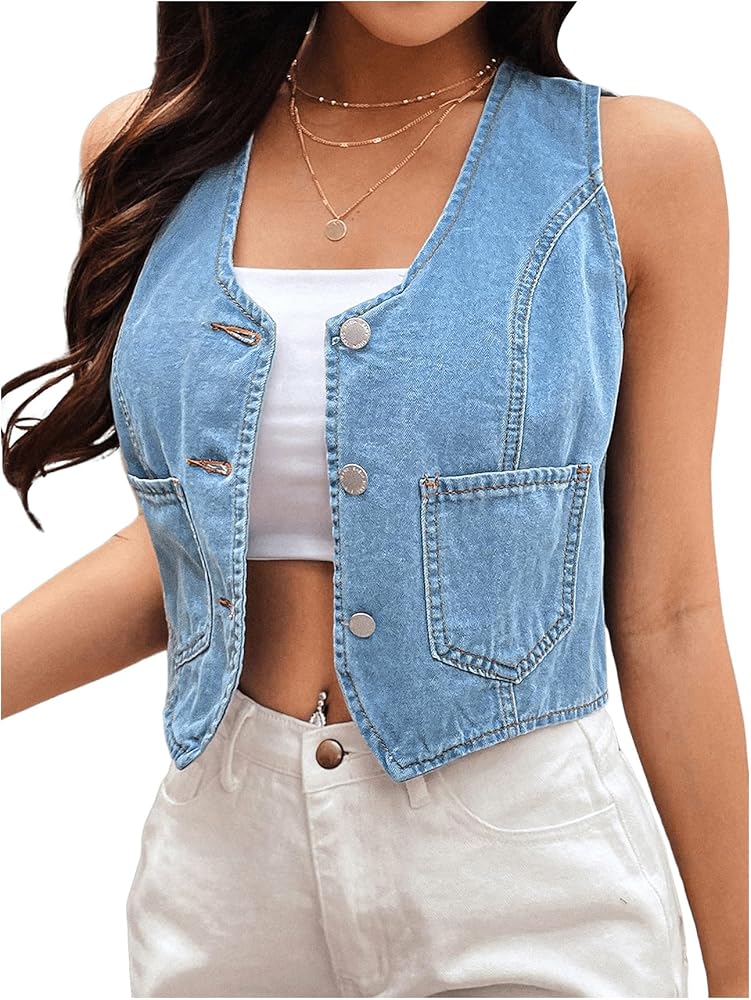 Floerns Women's Sleeveless Button Down V Neck Denim Vest Jacket Coat with Pocket