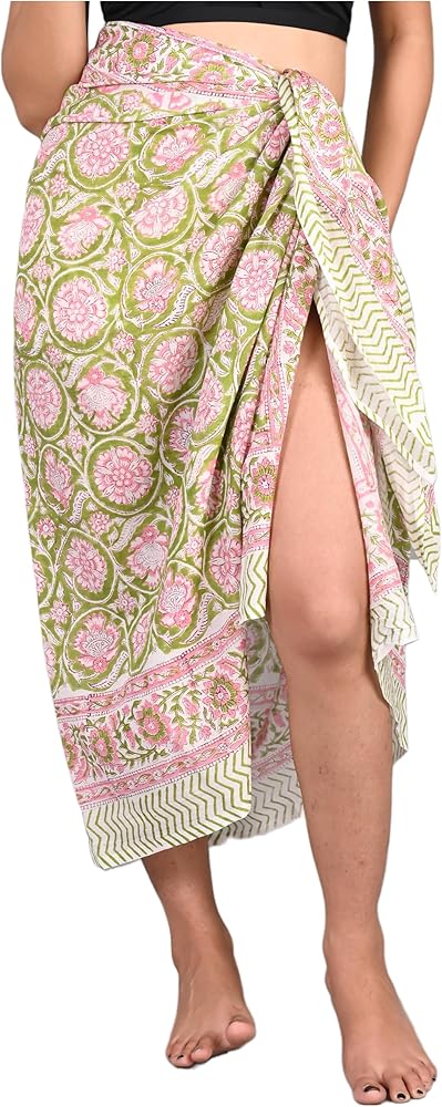 100% Cotton Block Printed Sarong Womens Swimsuit Wrap Cover Up, Wrap Skirt Pareo Scarf Stole Lightweight Shawl for Women