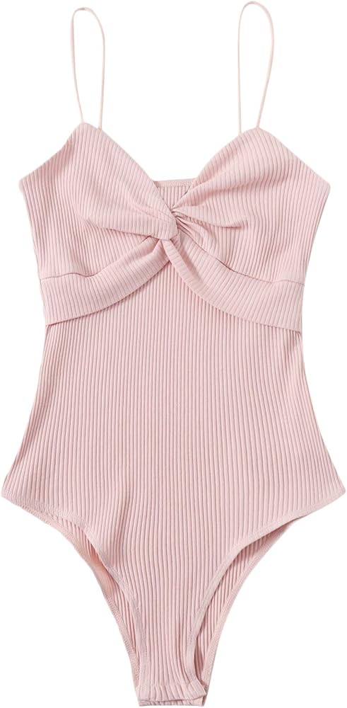 Milumia Women's Elegant Twist Front Spaghetti Strap Ribbed Knit Cami Bodysuit Tops Pink X-Large