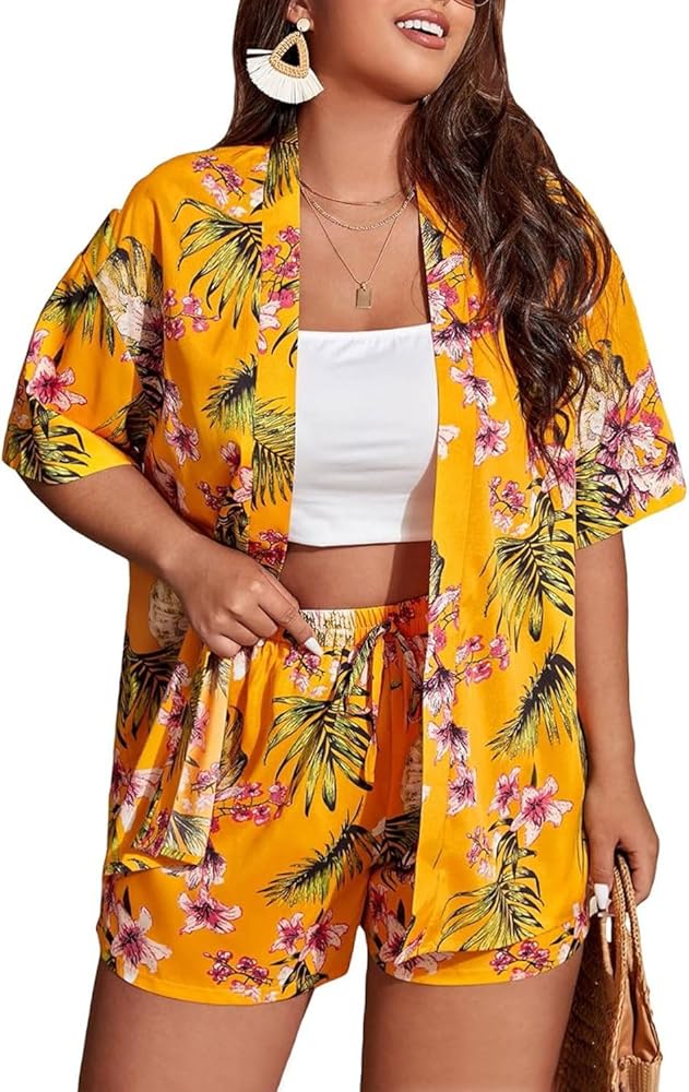 Nhicdns Womens Plus Size Hawaiian Outfits 2 Piece Swimsuit Summer Beach Cover Ups Floral Kimono Cardigans Swimwear