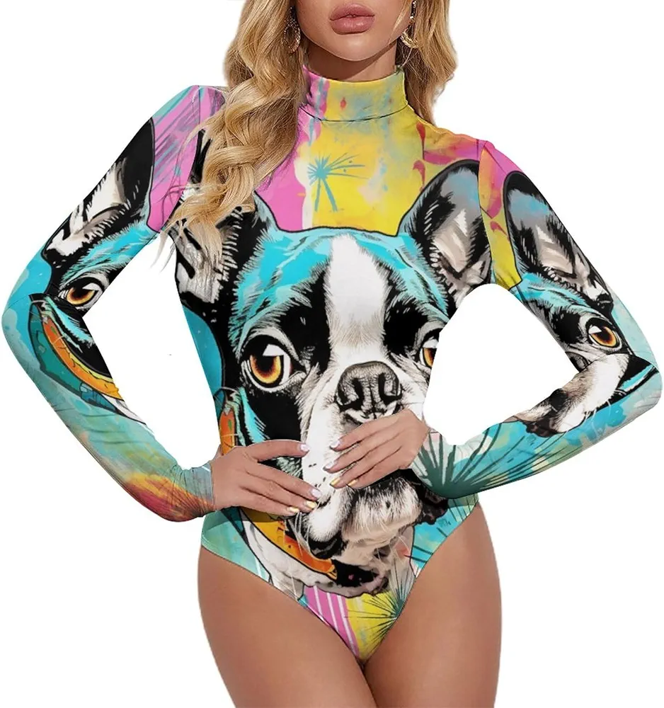 Boston Terriers Women's Bodysuit Tops Turtle Neck Long Sleeve Jumpsuit Print T Shirt