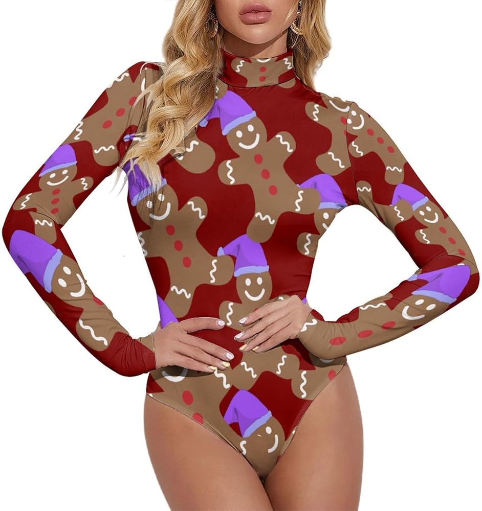 Christmas Hat Gingerbread Man Women's Bodysuit Tops Turtle Neck Long Sleeve Jumpsuit Print T Shirt