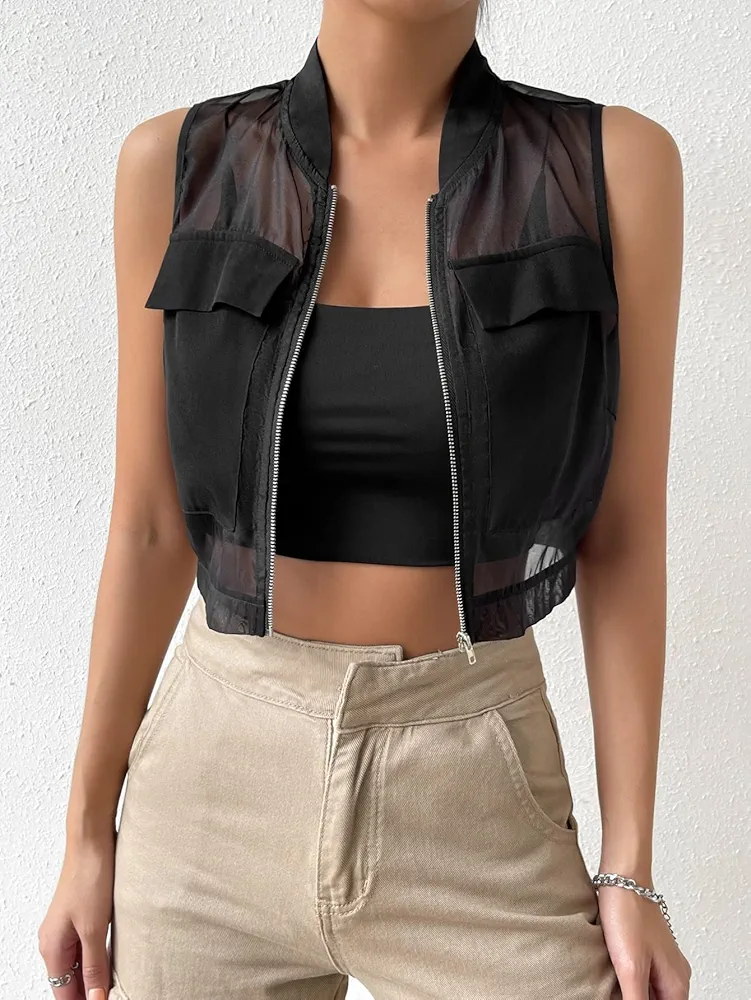 Women's Jackets Flap Detail Zip Up Mesh Insert Crop Vest Jacket Jackets Coat (Color : Black, Size : Large)