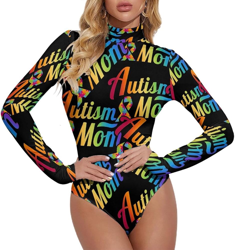 Autism Ribbon Mom Women's Bodysuit Tops Turtle Neck Long Sleeve Jumpsuit Print T Shirt