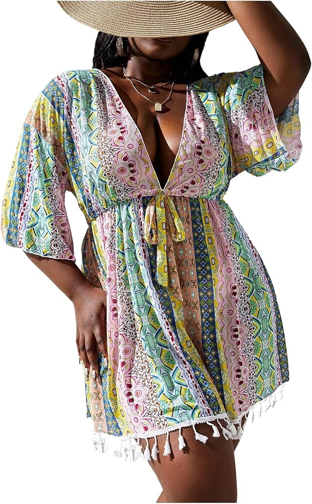 Floerns Women's Plus Size Beachwear Tassel Trim Deep V Neck Knot Front Cover Up Dress