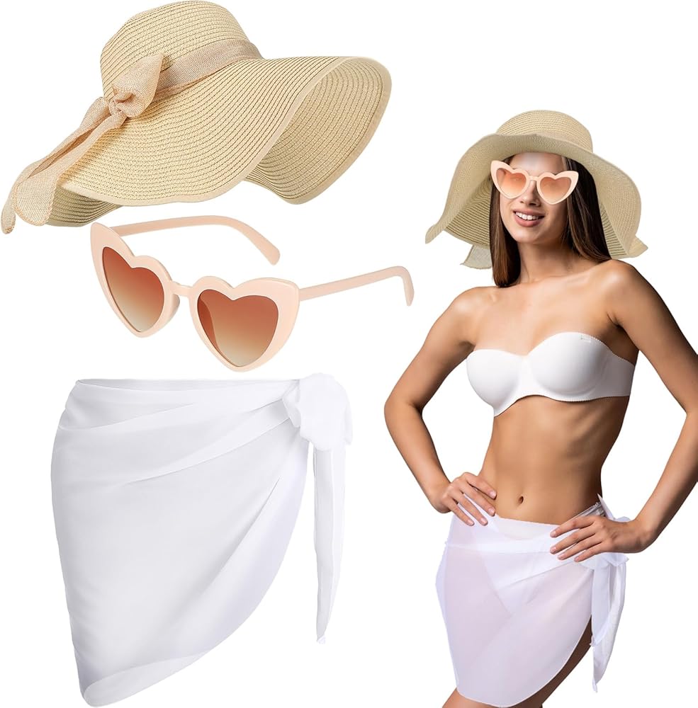 Jiuguva 3 Pcs Women Beach Sarong Bathing Suit Wrap Wide Brim Sun Hat Heart Sunglasses Bikini Swimsuit Cover Ups for Swimwear