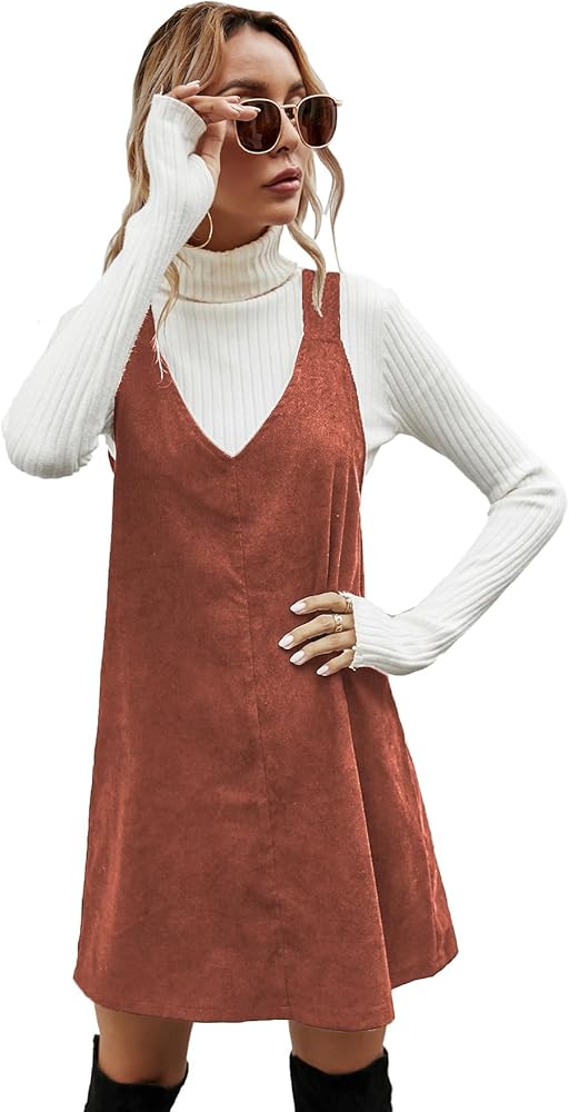 Milumia Women V Neck Corduroy Pinafore Overall Mini Dress Jumper Dress