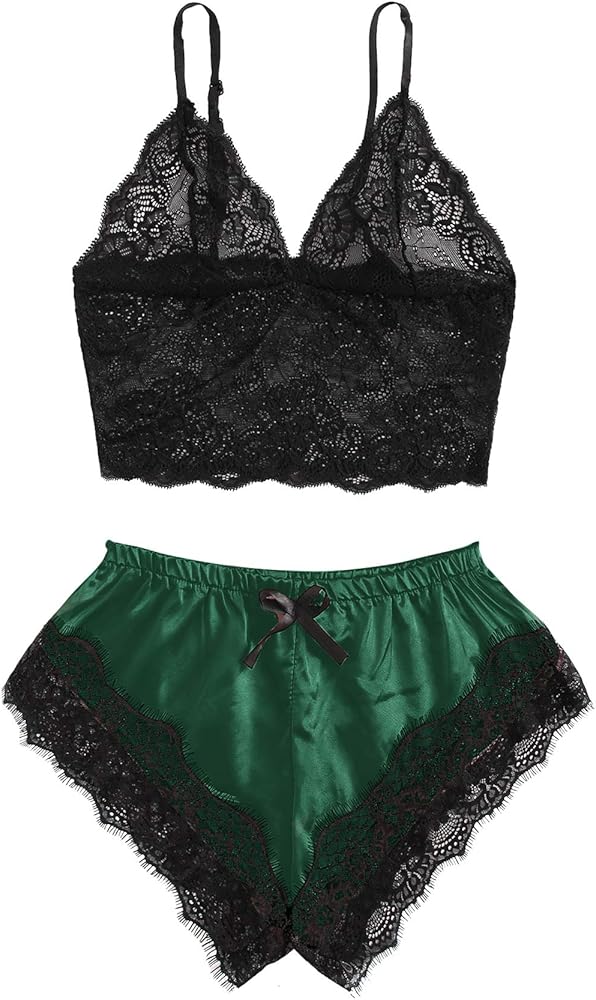 SweatyRocks Women's Lace Cami Top with Shorts with Panties 2 Piece Set Sexy Lingerie Pajama Set