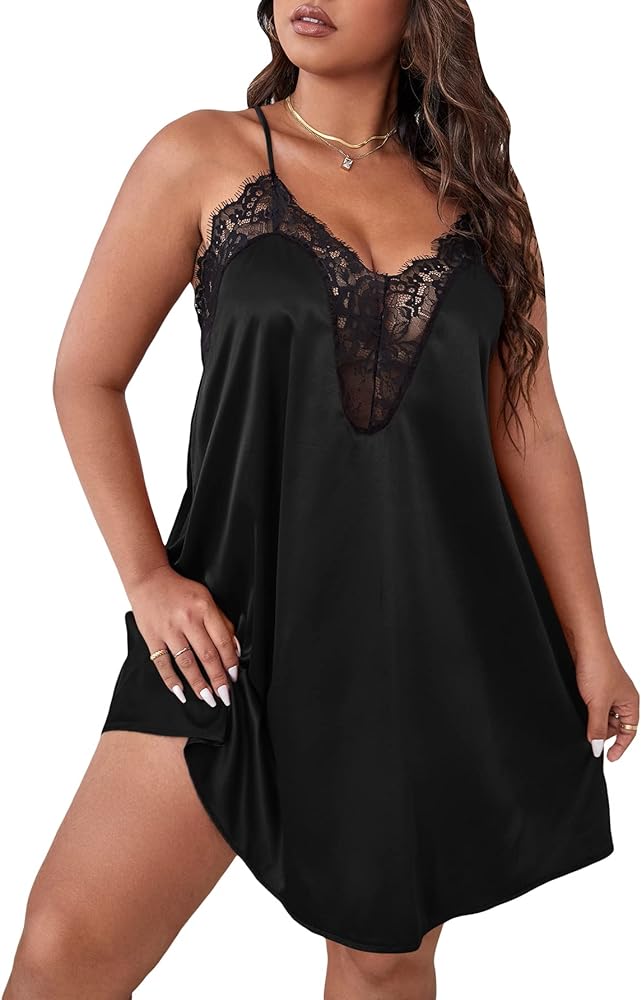 MakeMeChic Women's Plus Size Satin Slip Nightgown Lace Trim Silk Cami Night Dress Sleepwear