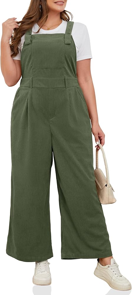 Tongmingyun Womens Casual Plus Size Overalls Corduroy Bib Adjustable Straps Jumpsuit Wide Leg Baggy Romper Pants with Pockets