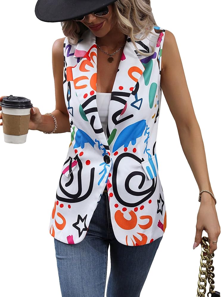 WDIRARA Women's Graphic Print Lapel Neck Button Front Sleeveless Vest Blazer Jacket