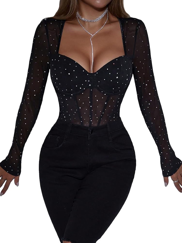 WDIRARA Women's Rhinestone Sweetheart Neck Long Sleeve Sheer Mesh Party Bodysuit Tops