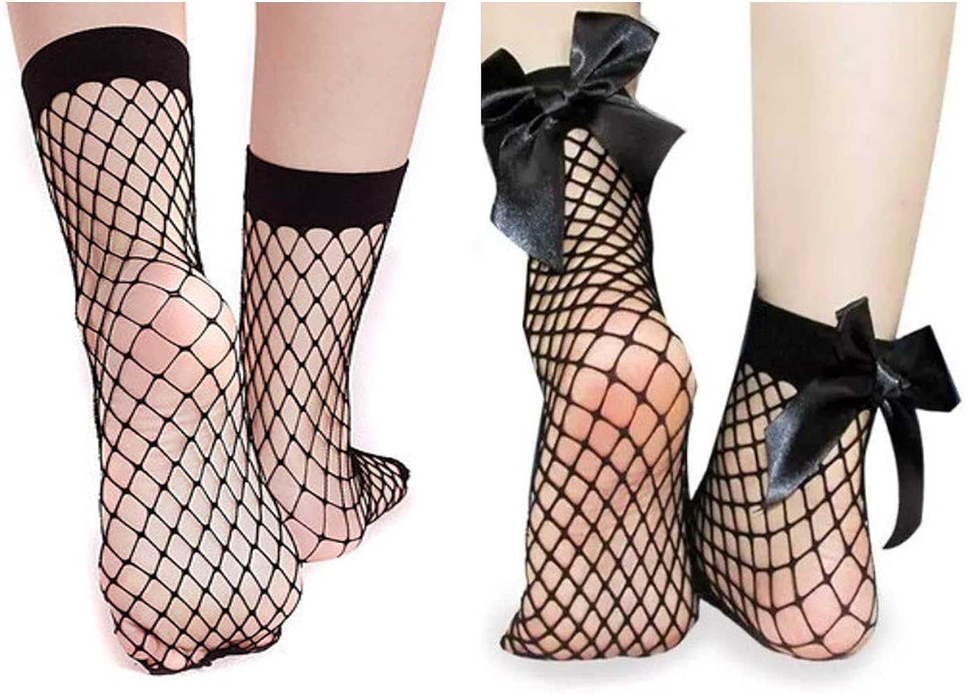 Generic Women's Fashionable Fishnet Elastic Ankle High Dress Hollow Out Mesh Net Socks Tights for Summer Wear - Plain 1 pair and Ribbon 1 Pair, Black, 5.5