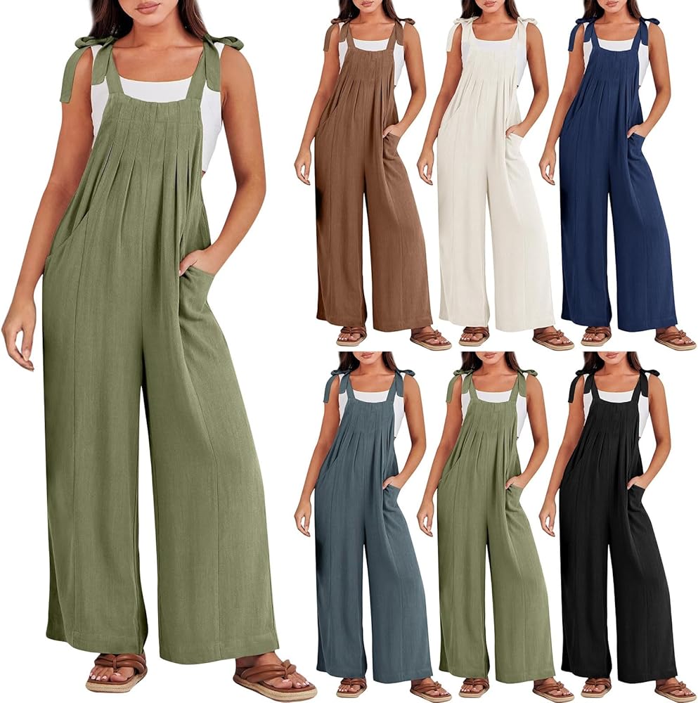 Womens Overalls Casual Loose Sleeveless Adjustable Tie Straps Bib Wide Leg Cotton Linen Rompers Outfits with Pockets