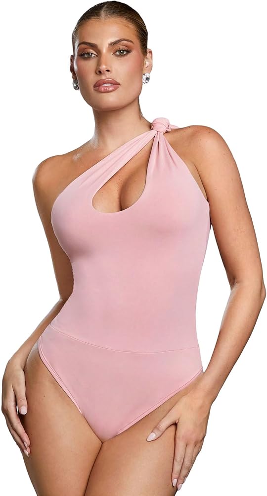 Women's Solid Asymmetrical Neck One Shoulder Cut Out Slim Fit Tops Casual Sleeveless Bodysuit