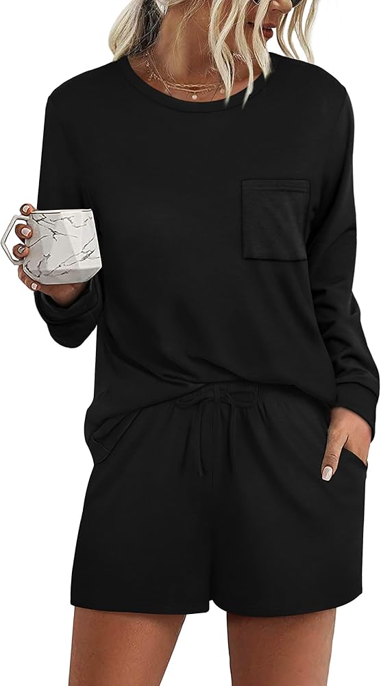 Women's Pajama Sets with Pockets Casual Crewneck 2 Piece Lounge Sets Sleepwear Black 2XL