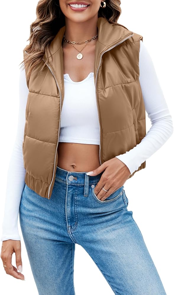 Fisoew Womens Faux Leather Puffer Vest High Stand Collar Zip Up Sleeveless Winter Cropped Jacket Gilet