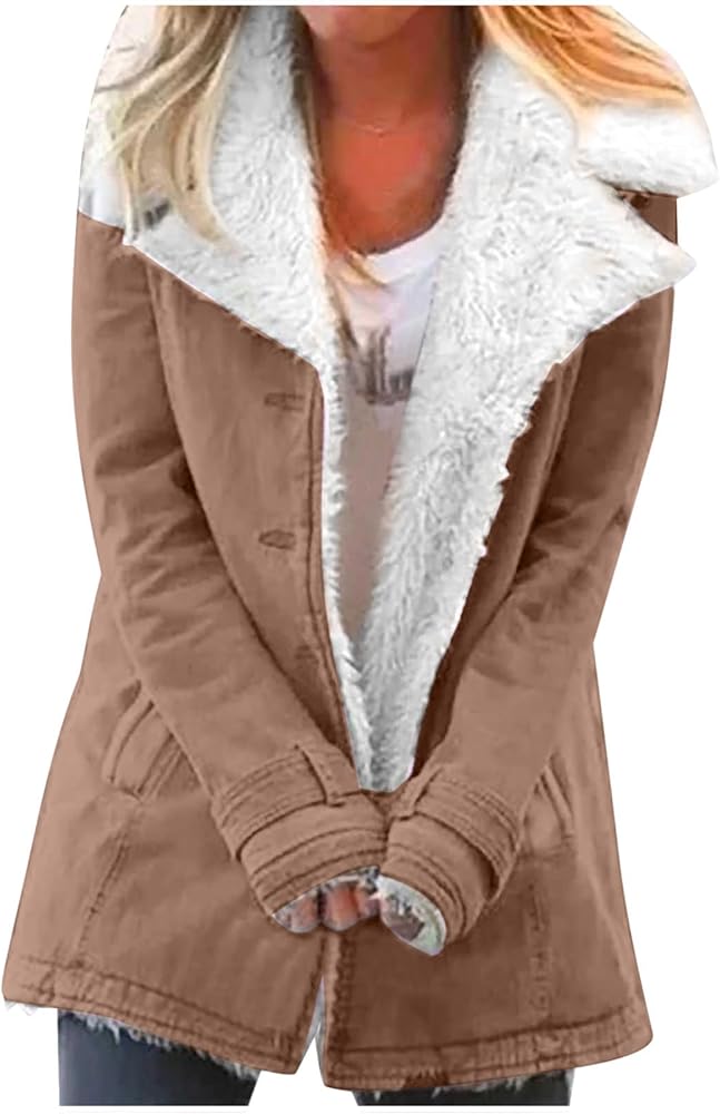 Womens Oversized Sherpa Jacket Winter Fleece Coat with Pockets Casual Faux Fur Lapel Button Down Outerwear