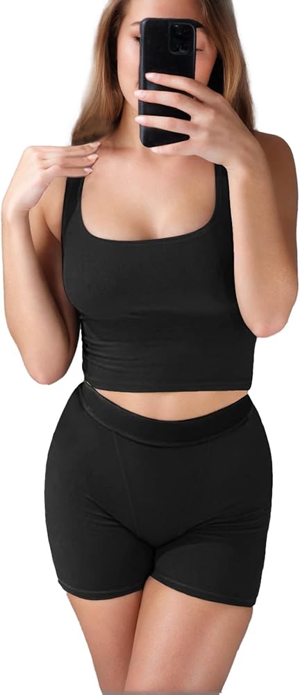 Womens Two Piece Outfits Set Ribbed Crop Tank Top High Waist Leggings Active Wear Casual Workout Set