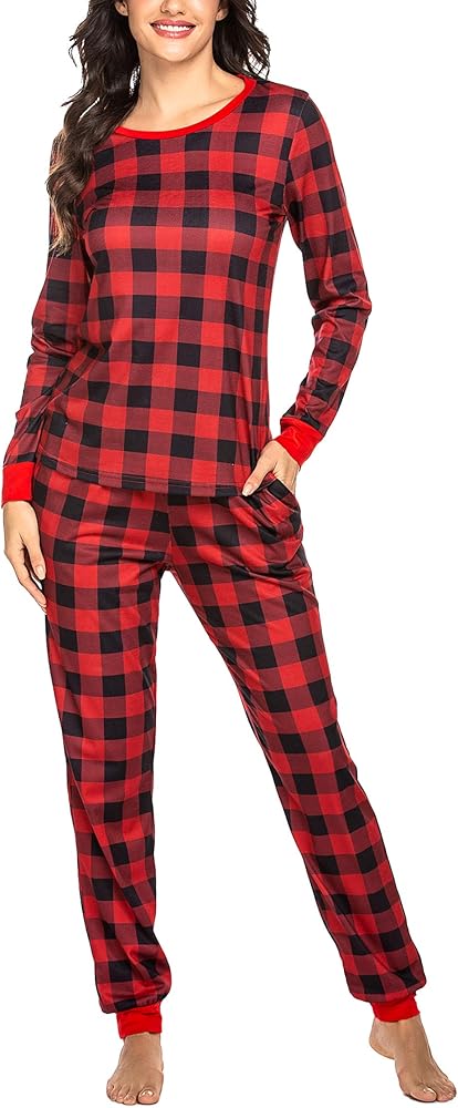 Ekouaer Women's Pajama Set Plaid Pj Long Sleeve Sleepwear Soft Contrast 2 Piece Lounge Sets