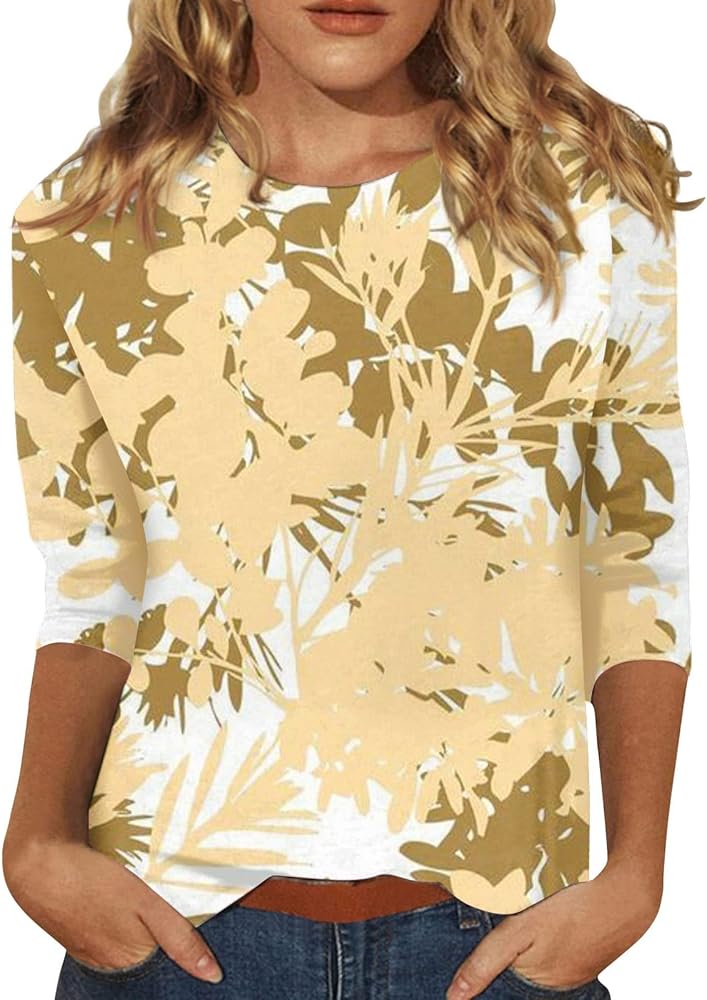 Womens Tops Dressy Casual 3/4 Sleeve,Elbow Sleeve T Shirt Top and Blouses Round Neck Shirts Flowers Graphic Tunic