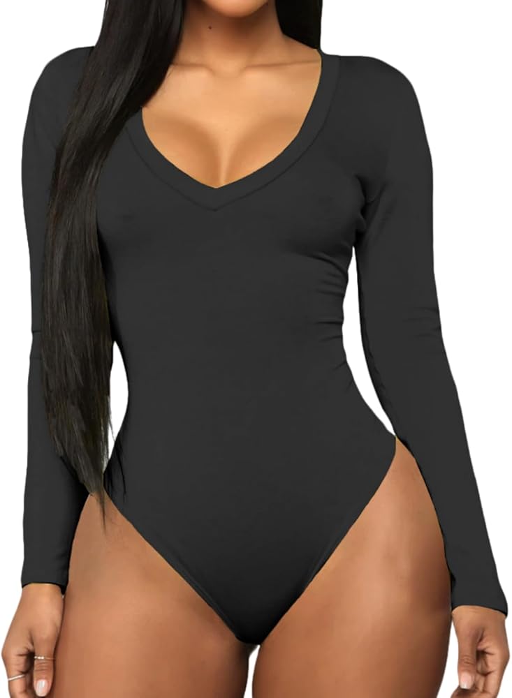 Women's Long Sleeve V Neck Bodysuit Slim Fit Tops Jumpsuits Thong Bottom Bodysuit