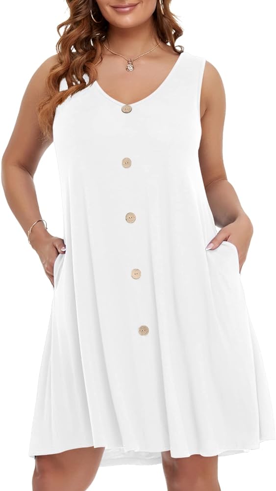 BELAROI Plus Size Dresses for Curvy Women Casual Summer Sundress Beach Swimsuit Cover Ups with Pockets V Neck Button Front Swing Sleeveless T-Shirt Tank Dress (1X,White)